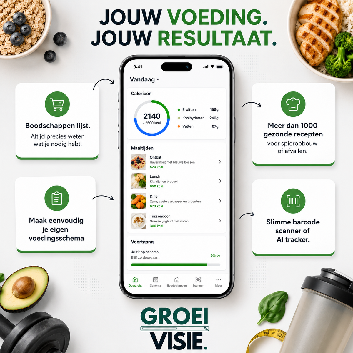 Smartphone met de Groei Visie voedingsapp waarop een persoonlijk voedingsschema, calorieën en macro's zichtbaar zijn, omringd door gezonde voedingsmiddelen.