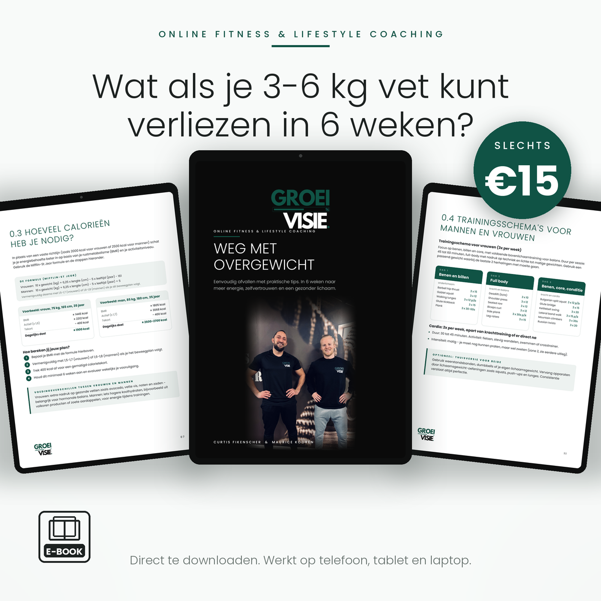 Cover van het Groei-Visie e-book Weg met Overgewicht, met coaches Curtis Fikenscher en Maurice Kooren die elkaar de hand schudden